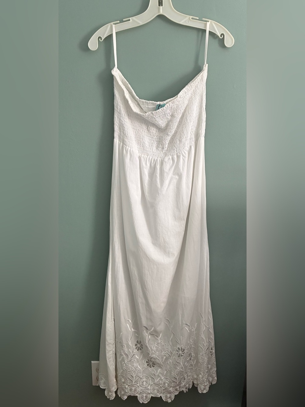 White Smocked Maxi Dress with Embroidered Hem - Picture 3 of 8